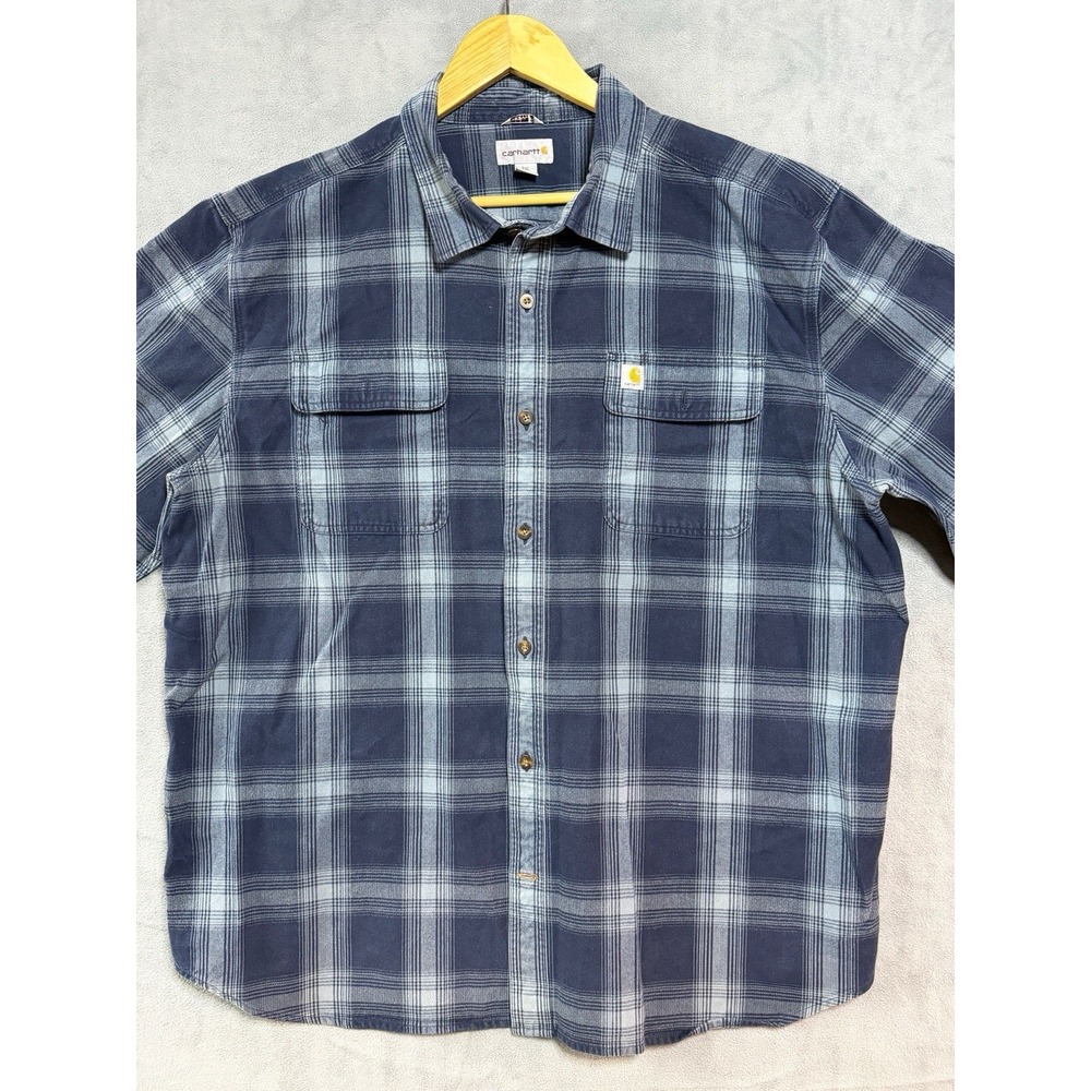 Carhartt Mens 2XL Heavy Flannel Loose Fit Long Sleeve Blue Plaid Shirt Worker
